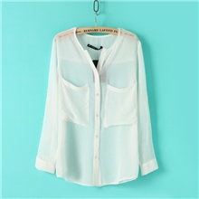 欧美风透明衬衣长袖宽松挽袖双大口袋雪纺衫白色衬衫女大码
