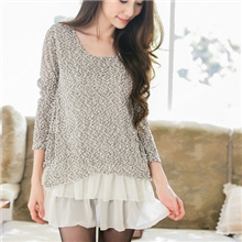 6577好质量下摆拼接雪纺甜美假两件长袖圆领连衣裙批发