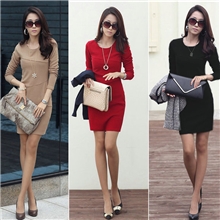 6573简约纯色拼接圆领长袖打底连衣裙子批发供应优质韩版女装