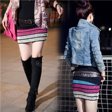 秋冬短裙半身毛线包臀裙大码弹力彩虹条纹裹裙一步裙厂家批发