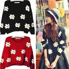 2013日系清新小雏菊花朵提花不规则宽松针织套头毛衣罩衫