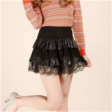 工厂直供秋装新款女装韩版裙蕾丝边黑色皮短裙秋冬短裙裤