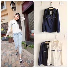 【芷苁夕】C8623撞色口袋韩版立领女式衬衣