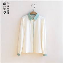 【芷苁夕】中乱麻泡泡袖撞色领女式衬衫厂家直销
