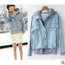 现货韩国休闲牛仔外套女连帽休闲卫衣两件套大码卫衣大码女装