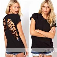 后背激光雕刻镂空天使翅膀黑色圆领短袖女T恤