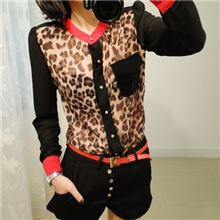 韩版立领垫肩红领撞色雪纺豹纹衬衫女士长袖衬衣