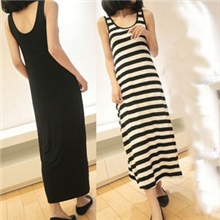批发外贸春夏秋新款莫代尔长裙外贸欧美风条纹长裙背心连衣裙