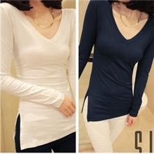 批发韩版欧美莫代尔V领中长款打底衫纯色修身女款莫代尔长袖t恤