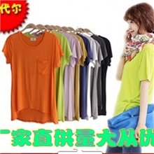 欧美风莫代尔纯色T恤不规则底边口袋圆领打底衫宽松打底衫休闲衫