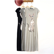 HM外贸原单客供面料欧美风蓝眼猫下摆开叉特别设计加长款连衣裙