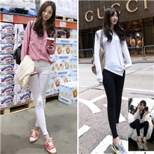 韩国代购女裤2013秋款白色破洞毛边显瘦小脚牛仔裤长裤潮