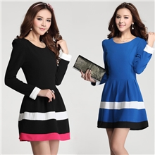 2013新款韩版时尚圆领下摆条纹拼接撞色连衣裙长袖女修身连衣裙
