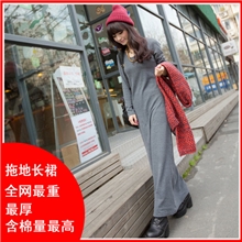 加厚欧美秋冬新款修身淘宝热卖磨毛羊绒拉架大摆长袖拖地连衣裙