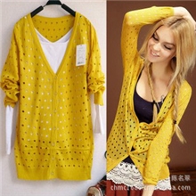 春季新款空调防晒衫欧美风女式针织衫V领雨滴镂空针织衫开衫