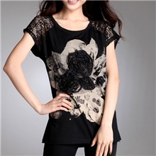 2013韩版大码打底衫宽松蕾丝长款上衣印花休闲短袖T恤