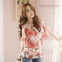 2012新品新款玫瑰印花雪纺宽袖上衣