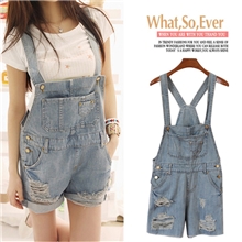 【爆款】到货！韩版女式浅色牛仔背带裤/牛仔短裤热裤I0028