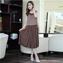 简曼2013女装新款连衣裙假两件收腰拼接雪纺裙无袖长裙雪纺连衣裙