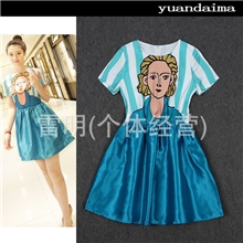 2013夏季明星新款陈乔恩白百合同款复古女人头双宫丝连衣裙