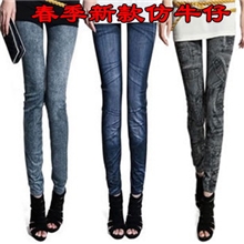 无缝雪花高弹时尚仿牛仔印花打底裤薄款九分裤义乌打底裤批发