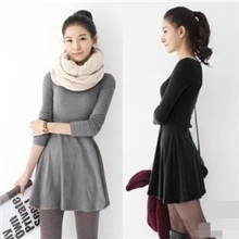 新款全棉保暖圆领修身通勤OL纯色打底裙大荷叶边百褶裙长袖连衣裙