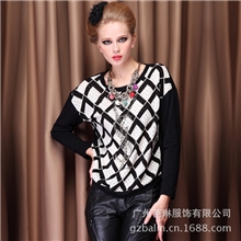 大码女装代理外贸大码女装加肥加大蝙蝠袖格子针织衫秋冬打底衫