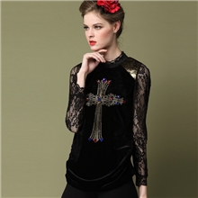 欧美大码女装蕾丝高领镶钻打底衫网纱蕾丝打底衫网纱长袖打底衫