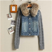 2013秋冬新款真貉子大毛领毛线袖子牛仔上衣韩版短外套