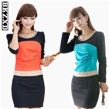 2013秋季新款拼接修身包臀连衣裙撞色气质长袖连衣裙厂家直销