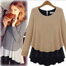 厂家直销2013秋季新款欧美女装假两件套拼接长袖打底衫针织衫