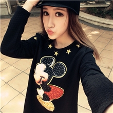 欧洲站批发加厚印花刺绣镶钻可爱米奇加绒卫衣长袖T恤衫女