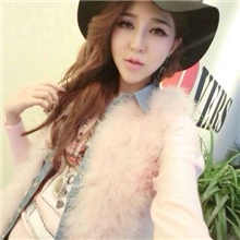 厂家直销外贸原单欧洲站批发店粉粉鸵鸟毛牛仔假两件马甲