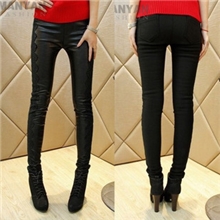 2013秋装新款韩版女装秋冬女裤潮显瘦加绒拼接蕾丝打底皮裤长裤子