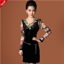 秋冬连衣裙冬装新款大码气质女高端装刺绣修身金丝绒长袖连衣裙