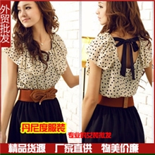 夏季短袖新款连衣裙波点雪纺裙子假两件套外贸连衣裙配腰带