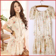 夏装短袖连衣裙甜美碎花雪纺连衣裙台湾版收腰雪纺裙实拍