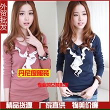 2013春夏装新款荷叶花边波浪层次韩版圆领长袖T恤纯色女式上衣