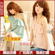 新款荷叶边单肩雪纺衫日系纯色雪纺上衣潮女性感雪纺外贸女装