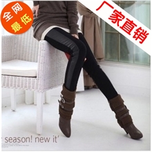 秋冬新款女两侧拼皮拼接打底裤加绒加厚显瘦修身打底裤批发