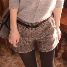 秋冬新品英伦复古小香风线条格子毛呢直筒高腰打底短裤靴裤西裤