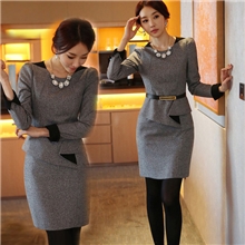 高品质裙子新款职业女装OL通勤修身假2件长袖毛呢连衣裙大码女装