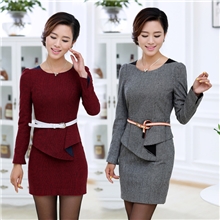 批发新款秋装新款职业装OL通勤修身长袖毛呢连衣裙大码女装