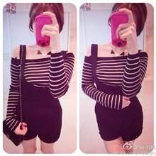 2013秋冬新款SNIDEL显瘦修身性感一字领条纹针织衫现货