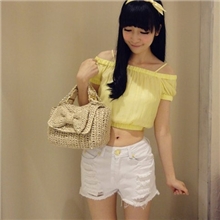 厂家直销！2013夏季新款吃奶酪着RB可爱百搭一字领系带纯色上衣