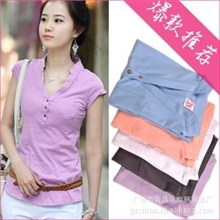 2013夏季热卖深V立领女式T恤休闲时尚百搭纯色莱卡棉大码T恤533