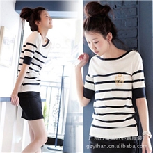 女装网店代理韩版夏季新品高档时尚黑白条纹中袖女式T恤1622