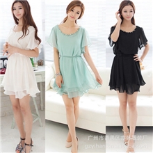 品牌直销韩版夏季淑女收腰公主裙飞飞袖双层裙摆雪纺连衣裙W860