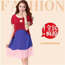 厂价实体批发2013夏季爆款胖mm大码女装显瘦撞色雪纺连衣裙女4XL