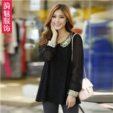 外贸批发拿货厂家直销2013秋装新款蕾丝复古亮片长袖雪纺衫女大码
